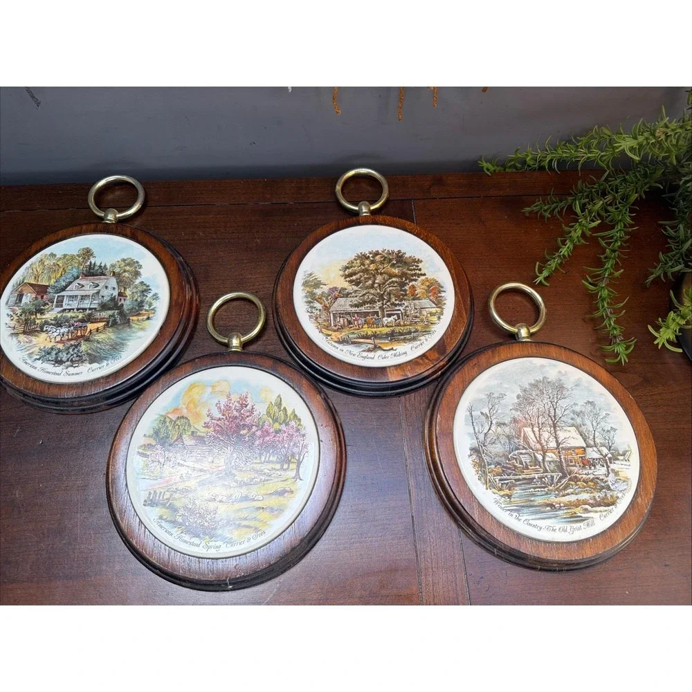Set 4 Currier & Ives American Homestead Wall Plaques Wood Ceramic Plate Vintage